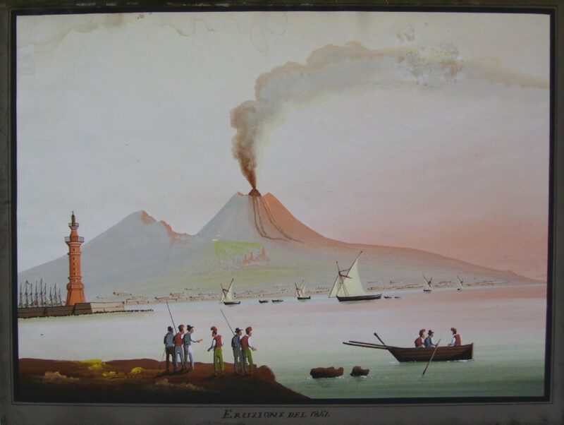 Foto del dipinto su carta raffigurante l'eruzione del Vesuvio del 1847, gouache originale di 34x45 cm, non firmata e attribuibile alla mano di artista napoletano del XIX secolo