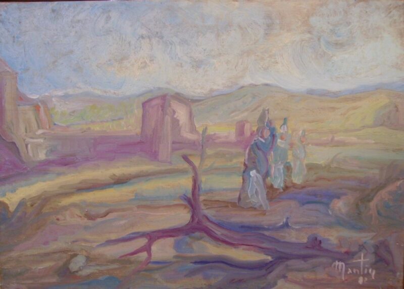 Foto del dipinto del pittore Aniello Mantice (1938-2003) raffigurante un paesaggio, olio su tela 50x70 cm del 1982
