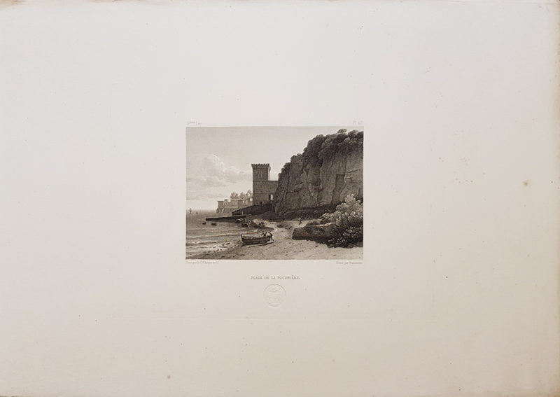 Foglio intero della stampa antica di Turpin de Crissè, Napoli, spiaggia della polveriera