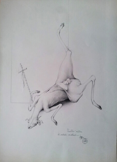 Disegno di Umberto Piezzo del 1975 "Vendita mistica di suvenir cristiani"