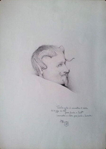 Disegno di Umberto Piezzo del 1975 "Venditore erotico di mammelline di vitella"