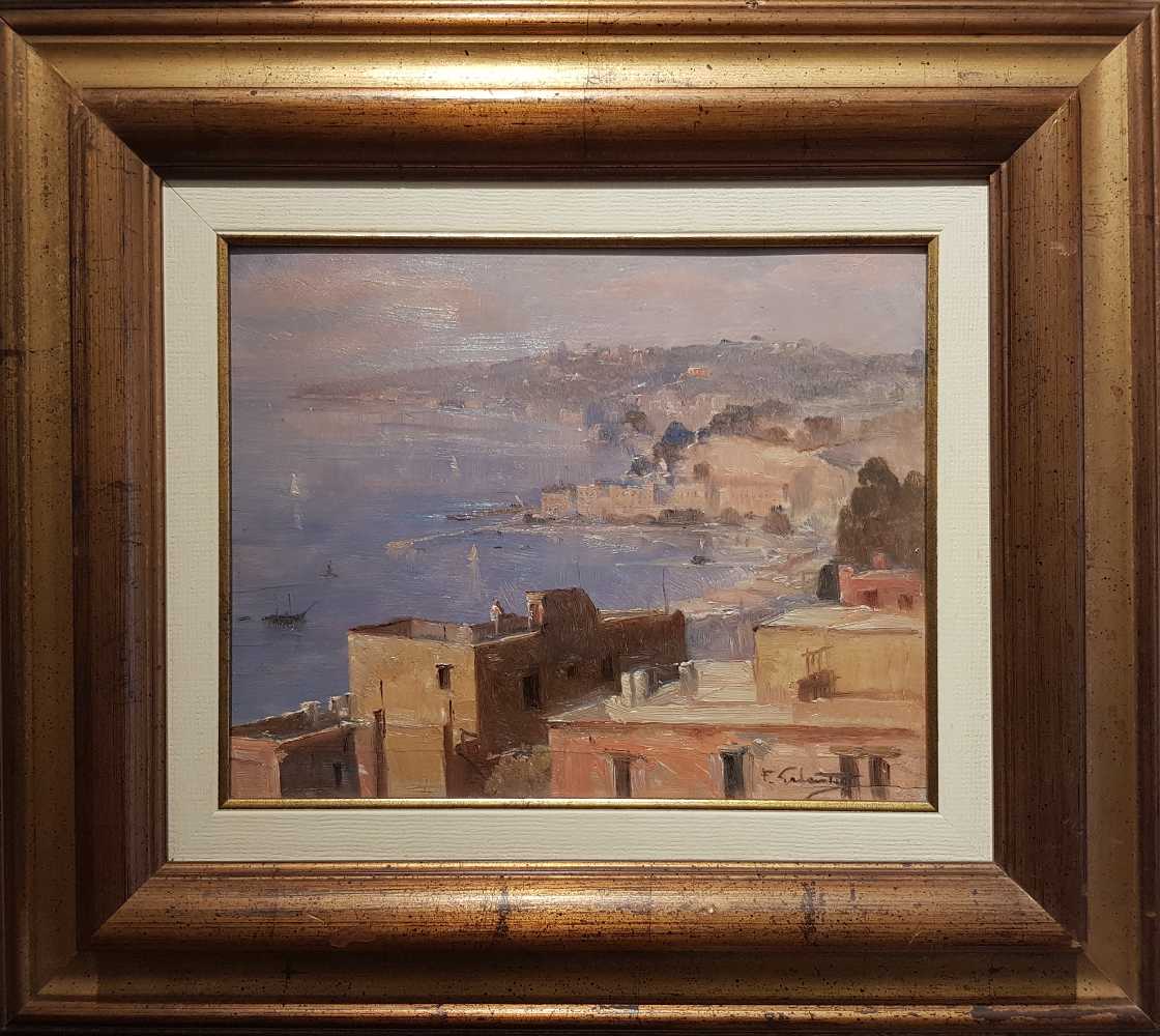 Foto del dipinto completo di cornice del Maestro Francesco Galante (1884-1972), raffigurante la veduta dalle Scale di Sant'Antonio a Napoli, olio su tavola 24x30 cm del 1960