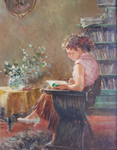 Foto del quadro di Giovanni Panza (1894–1989) "La lettura", olio su tela 50x40 cm raffigurante un interno con una giovane donna seduta intenta a leggere un libro