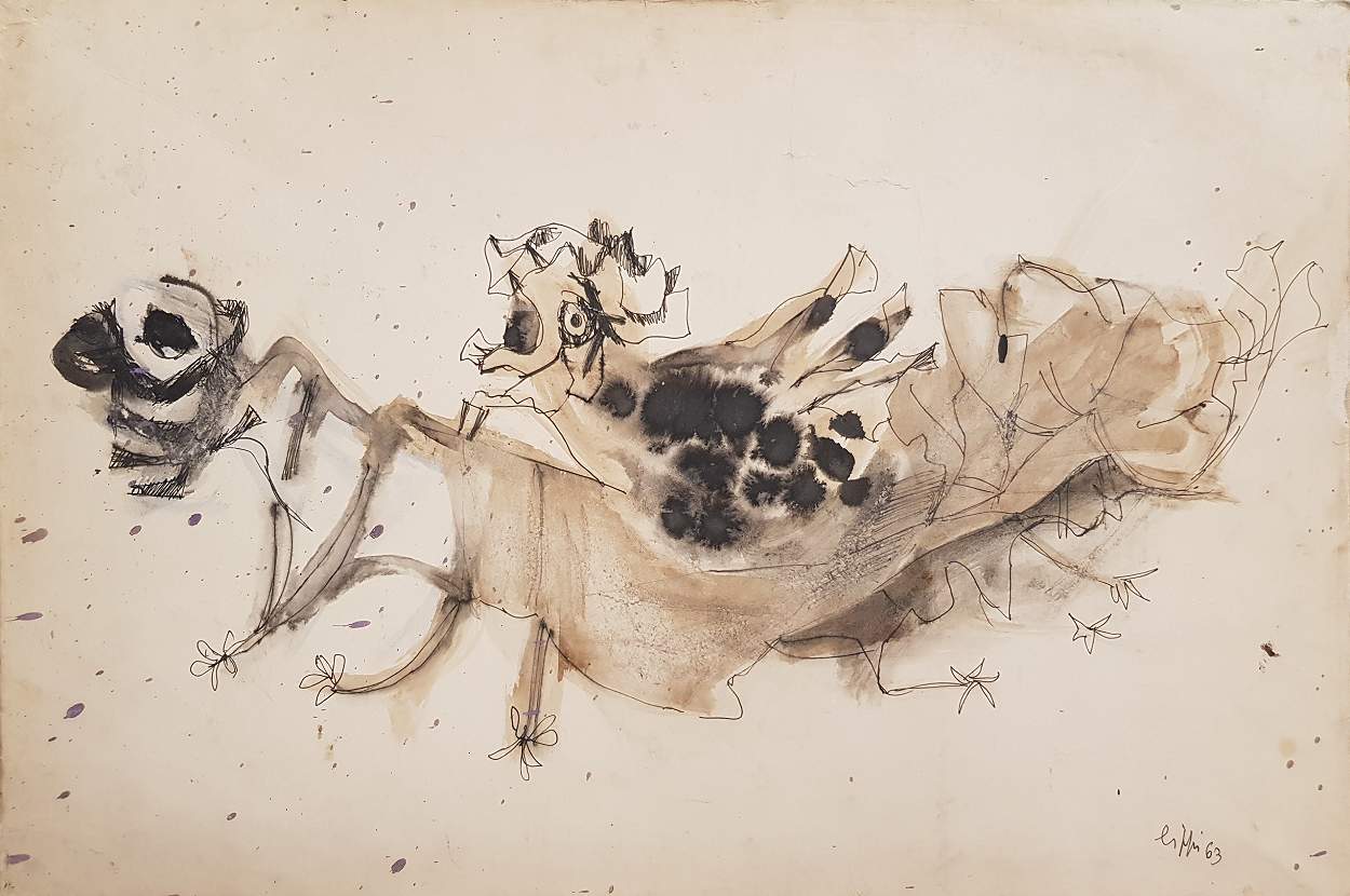 Disegno di Raffaele Lippi raffigurante un Animale immaginario, tecnica mista su carta intelata 43x64 cm del 1963. Opera pubblicata.